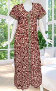 Maroon Garden Full Open Pure Cotton Nighty. Pure Cotton | Laces and Frills