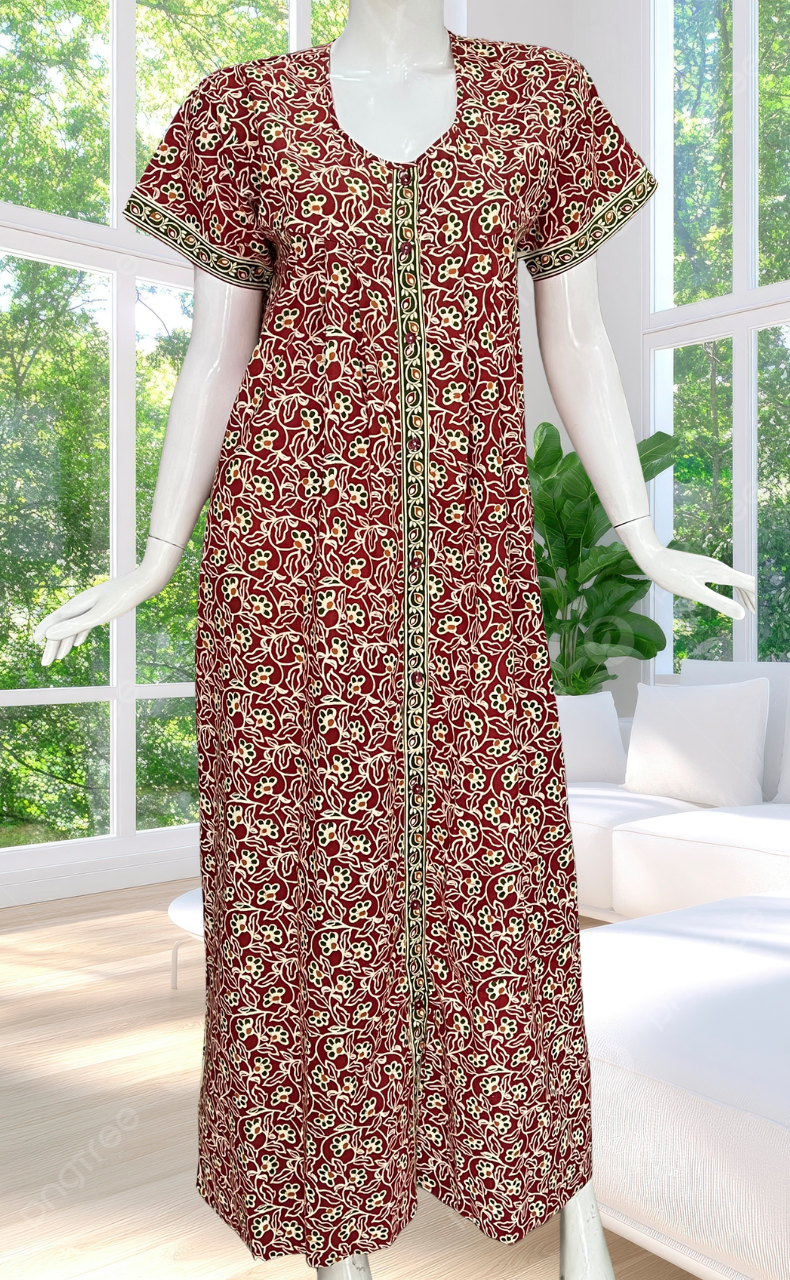 Maroon Garden Full Open Pure Cotton Nighty. Pure Cotton | Laces and Frills