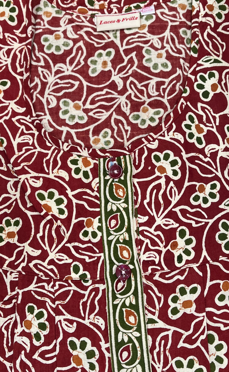 Maroon Garden Full Open Pure Cotton Nighty. Pure Cotton | Laces and Frills