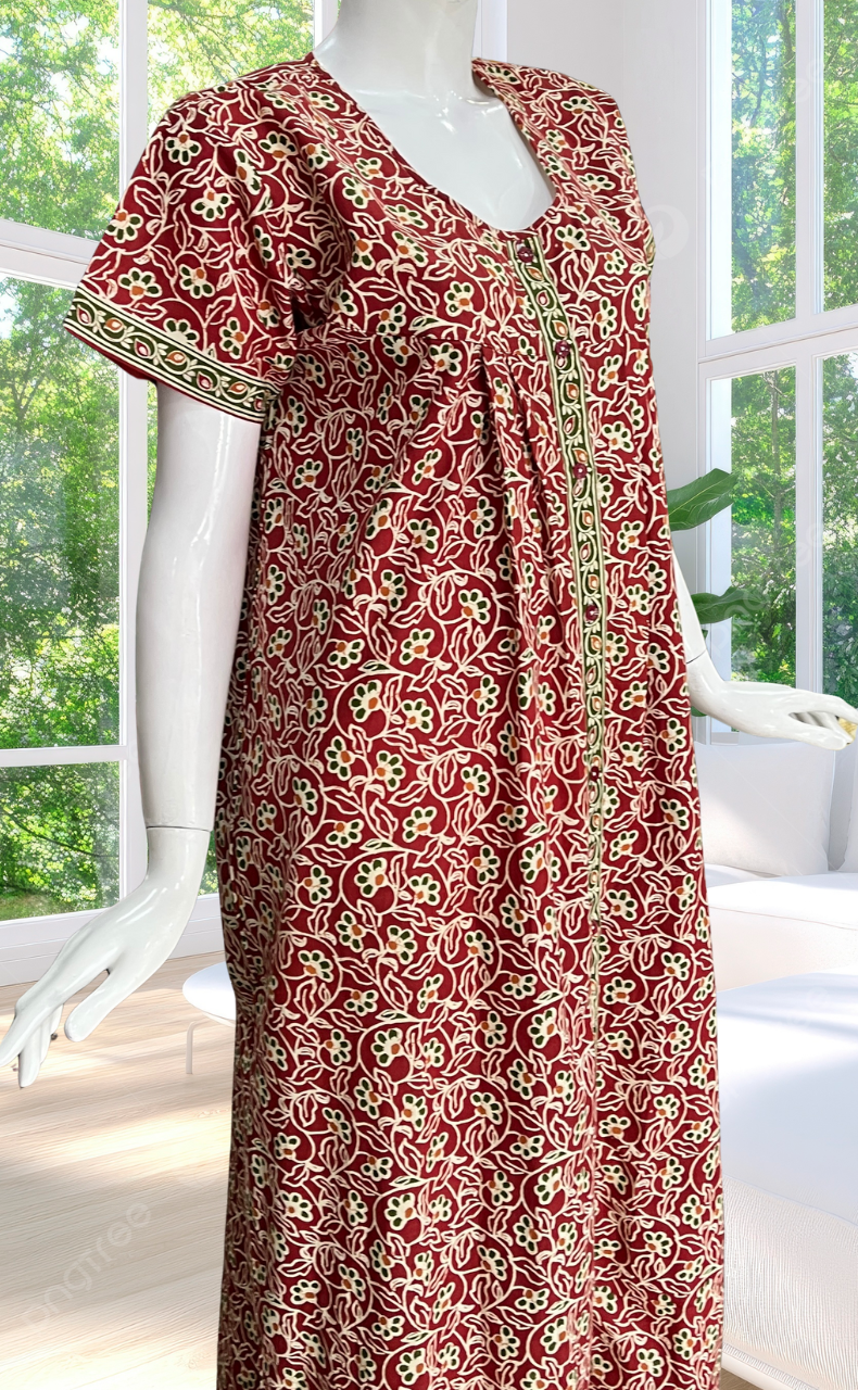 Maroon Garden Full Open Pure Cotton Nighty. Pure Cotton | Laces and Frills