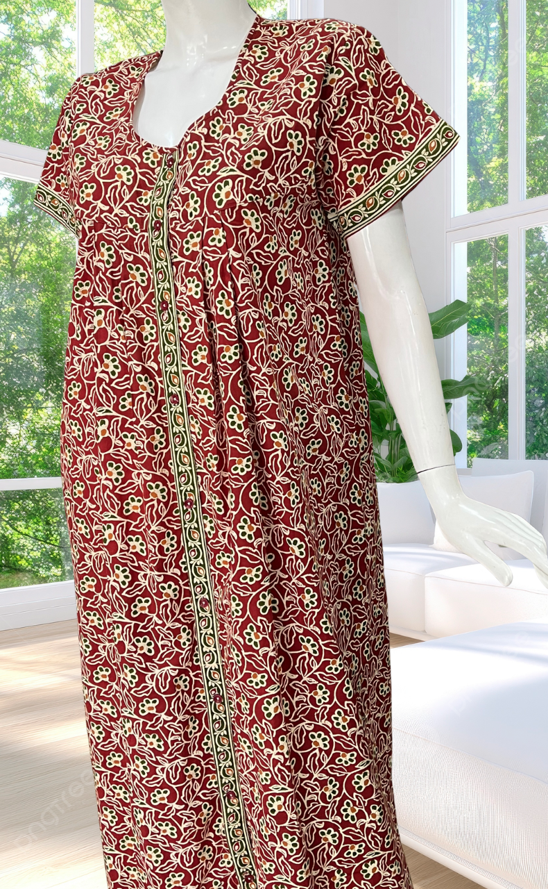 Maroon Garden Full Open Pure Cotton Nighty. Pure Cotton | Laces and Frills