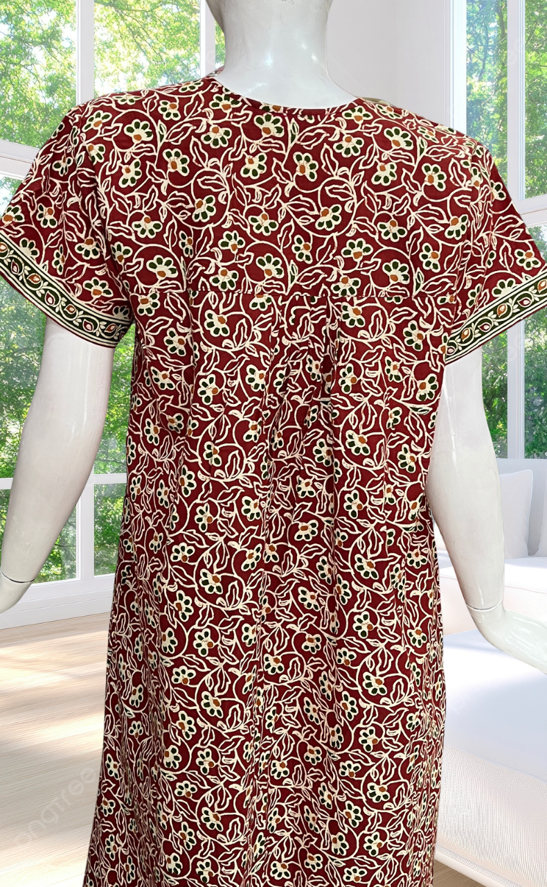 Maroon Garden Full Open Pure Cotton Nighty. Pure Cotton | Laces and Frills