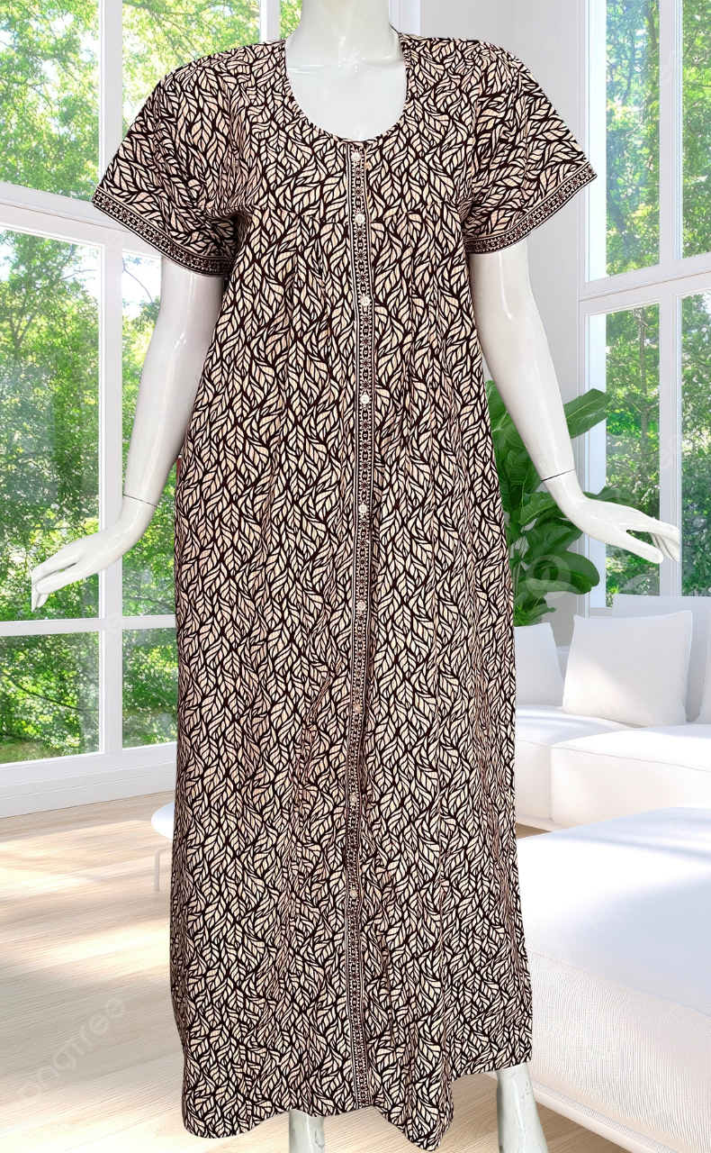 Brown Leafy Full Open Pure Cotton Nighty. Pure Cotton | Laces and Frills