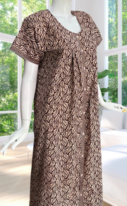 Brown Leafy Full Open Pure Cotton Nighty. Pure Cotton | Laces and Frills