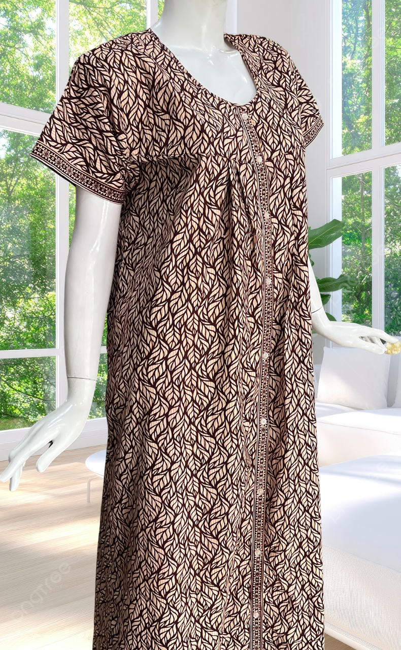 Brown Leafy Full Open Pure Cotton Nighty. Pure Cotton | Laces and Frills
