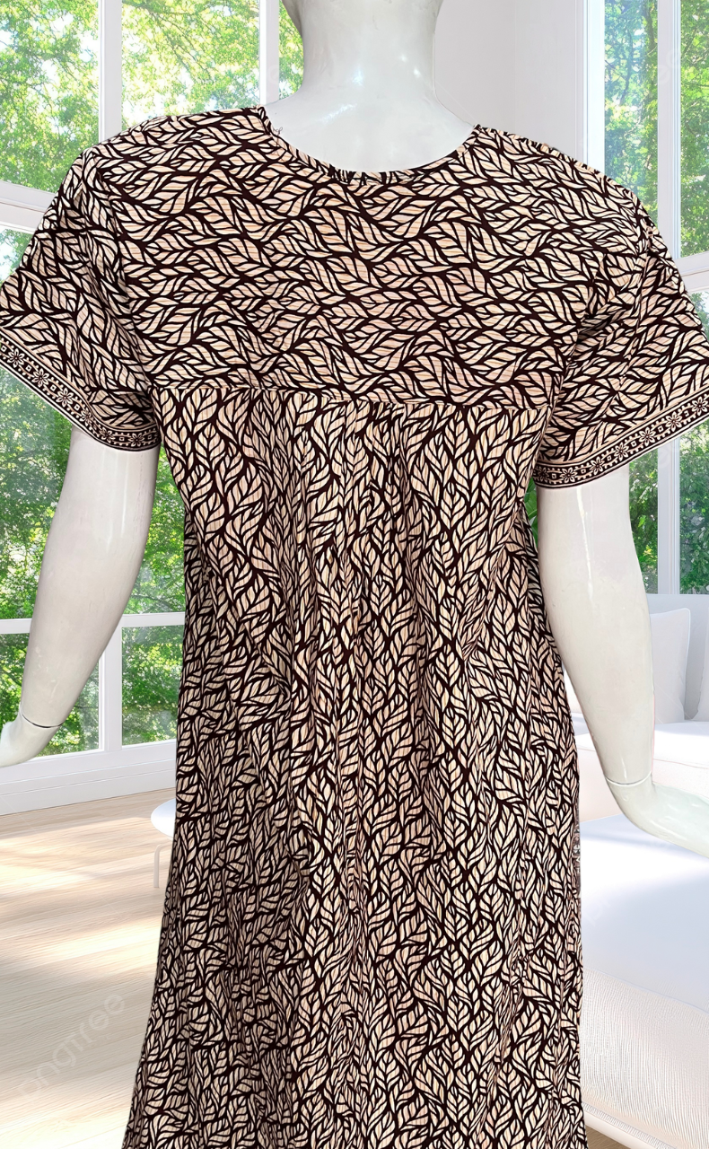Brown Leafy Full Open Pure Cotton Nighty. Pure Cotton | Laces and Frills