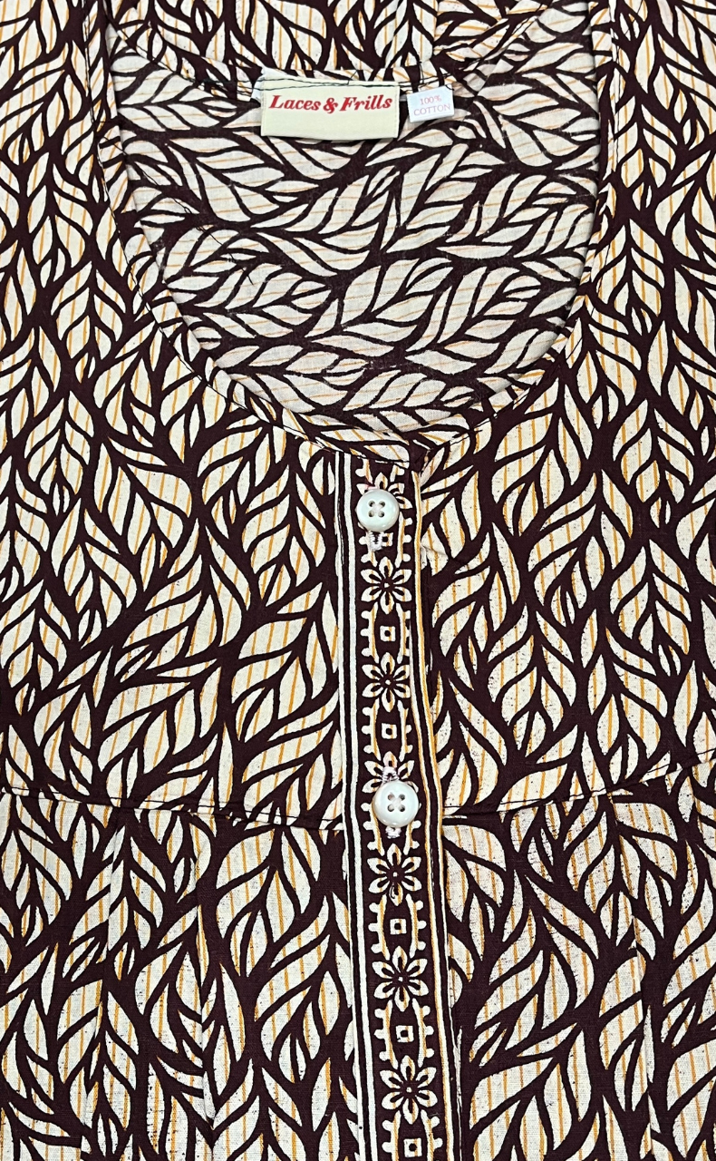 Brown Leafy Full Open Pure Cotton Nighty. Pure Cotton | Laces and Frills
