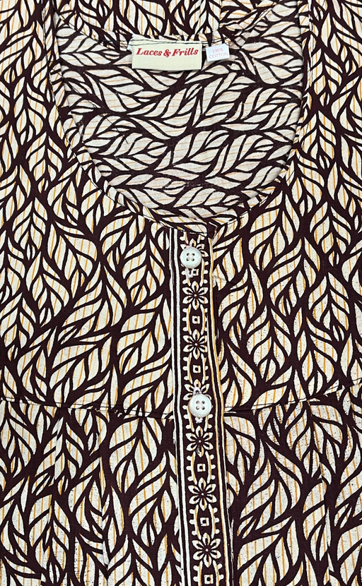 Brown Leafy Full Open Pure Cotton Nighty. Pure Cotton | Laces and Frills