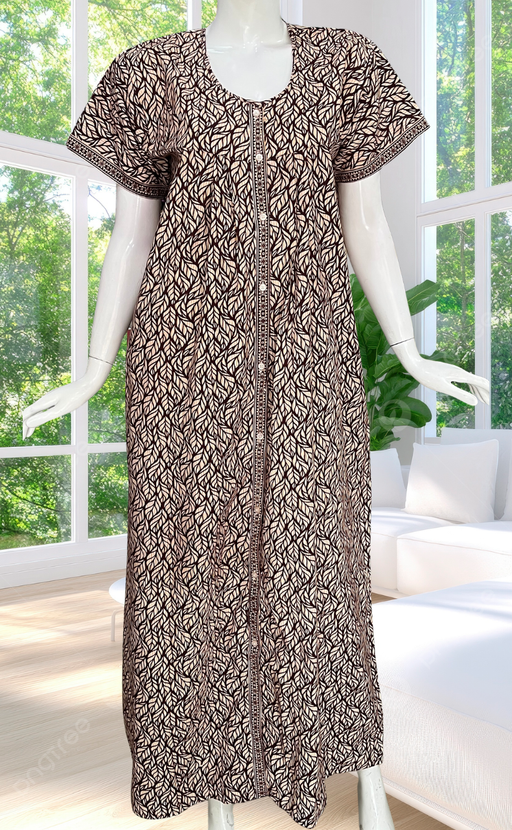 Brown Leafy Full Open Pure Cotton Nighty. Pure Cotton | Laces and Frills