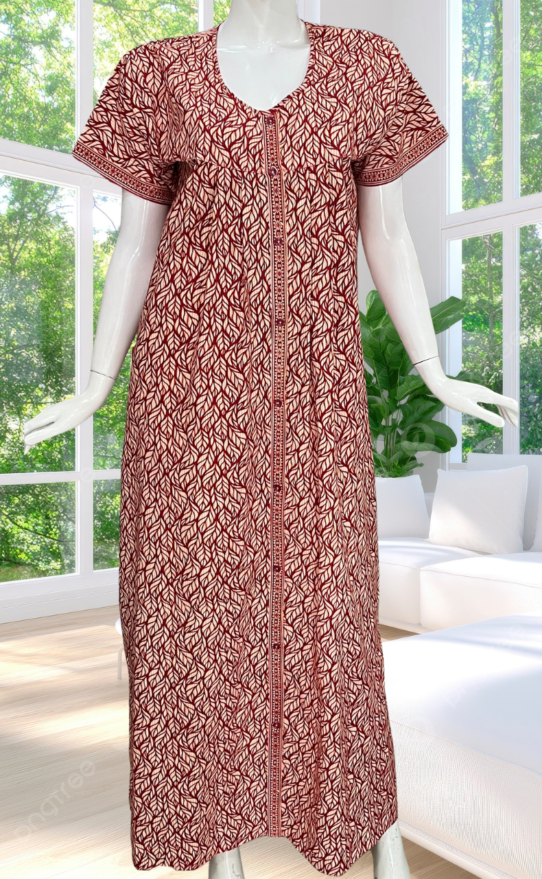 Red Leafy Full Open Pure Cotton Nighty. Pure Cotton | Laces and Frills