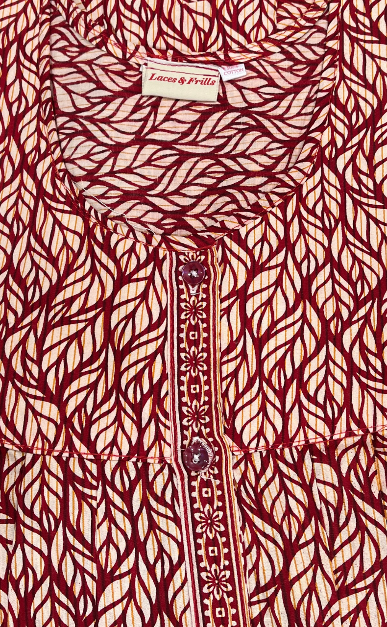 Red Leafy Full Open Pure Cotton Nighty. Pure Cotton | Laces and Frills