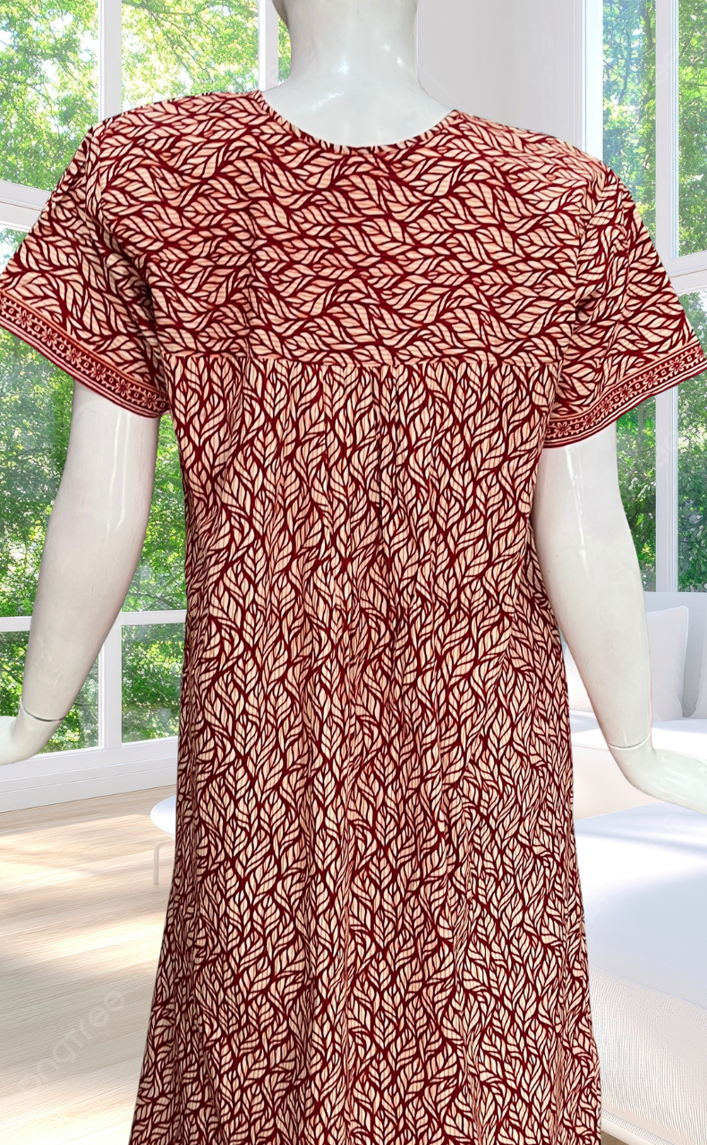 Red Leafy Full Open Pure Cotton Nighty. Pure Cotton | Laces and Frills