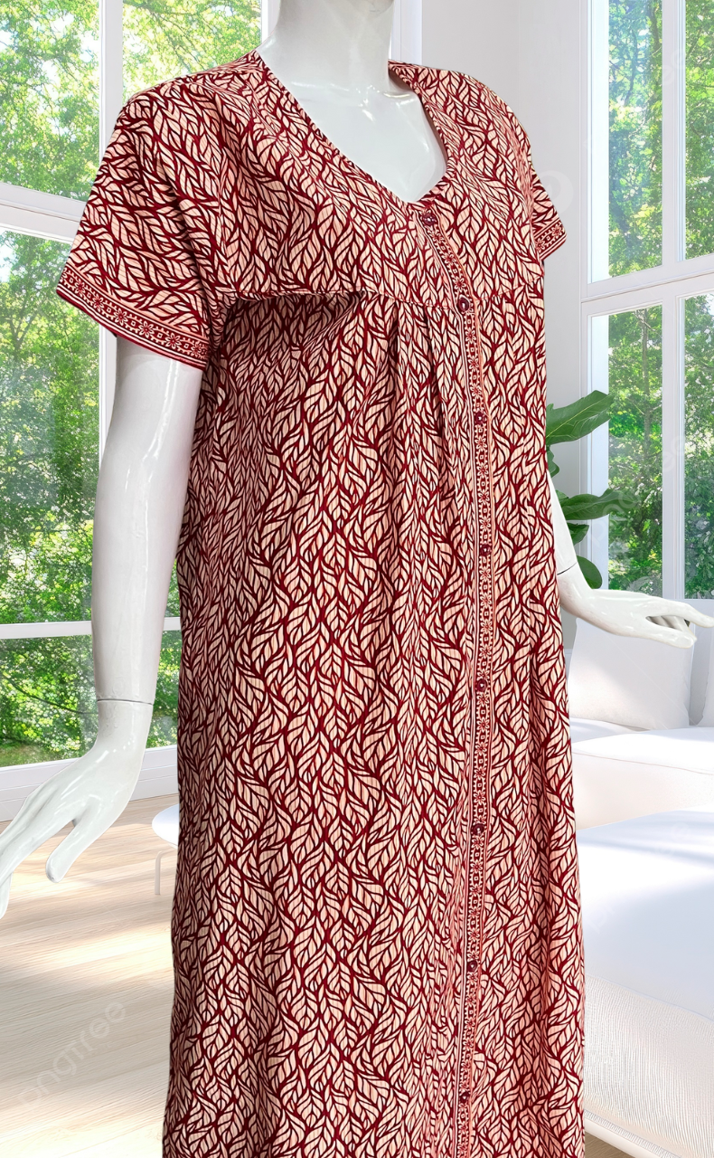 Red Leafy Full Open Pure Cotton Nighty. Pure Cotton | Laces and Frills