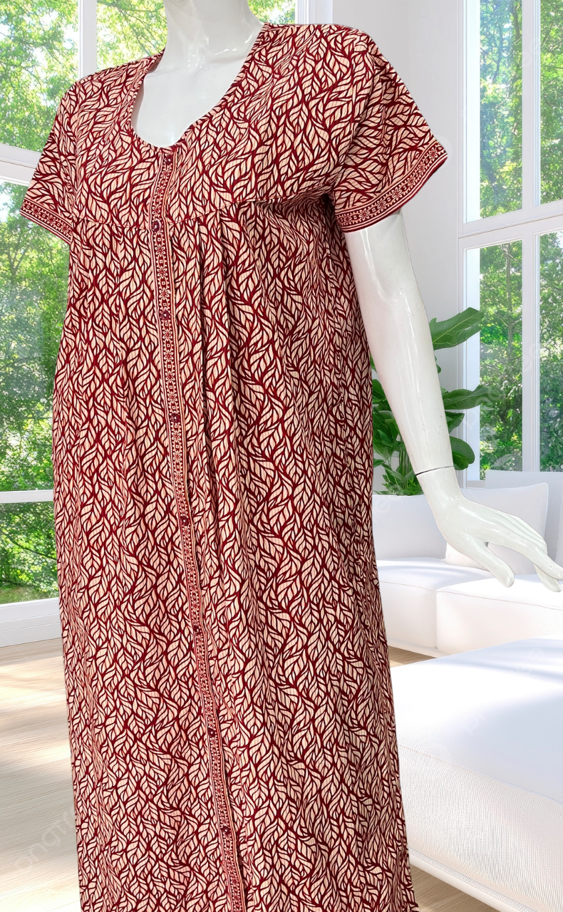 Red Leafy Full Open Pure Cotton Nighty. Pure Cotton | Laces and Frills