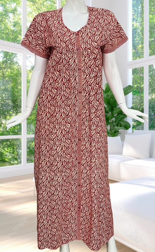Red Leafy Full Open Pure Cotton Nighty. Pure Cotton | Laces and Frills