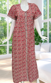 Red Leafy Full Open Pure Cotton Nighty. Pure Cotton | Laces and Frills