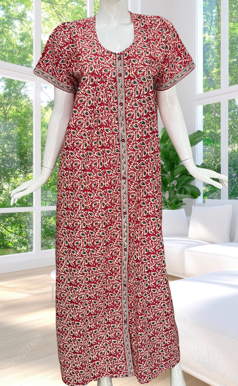 Red Leafy Full Open Pure Cotton Nighty. Pure Cotton | Laces and Frills