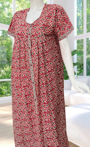 Red Leafy Full Open Pure Cotton Nighty. Pure Cotton | Laces and Frills