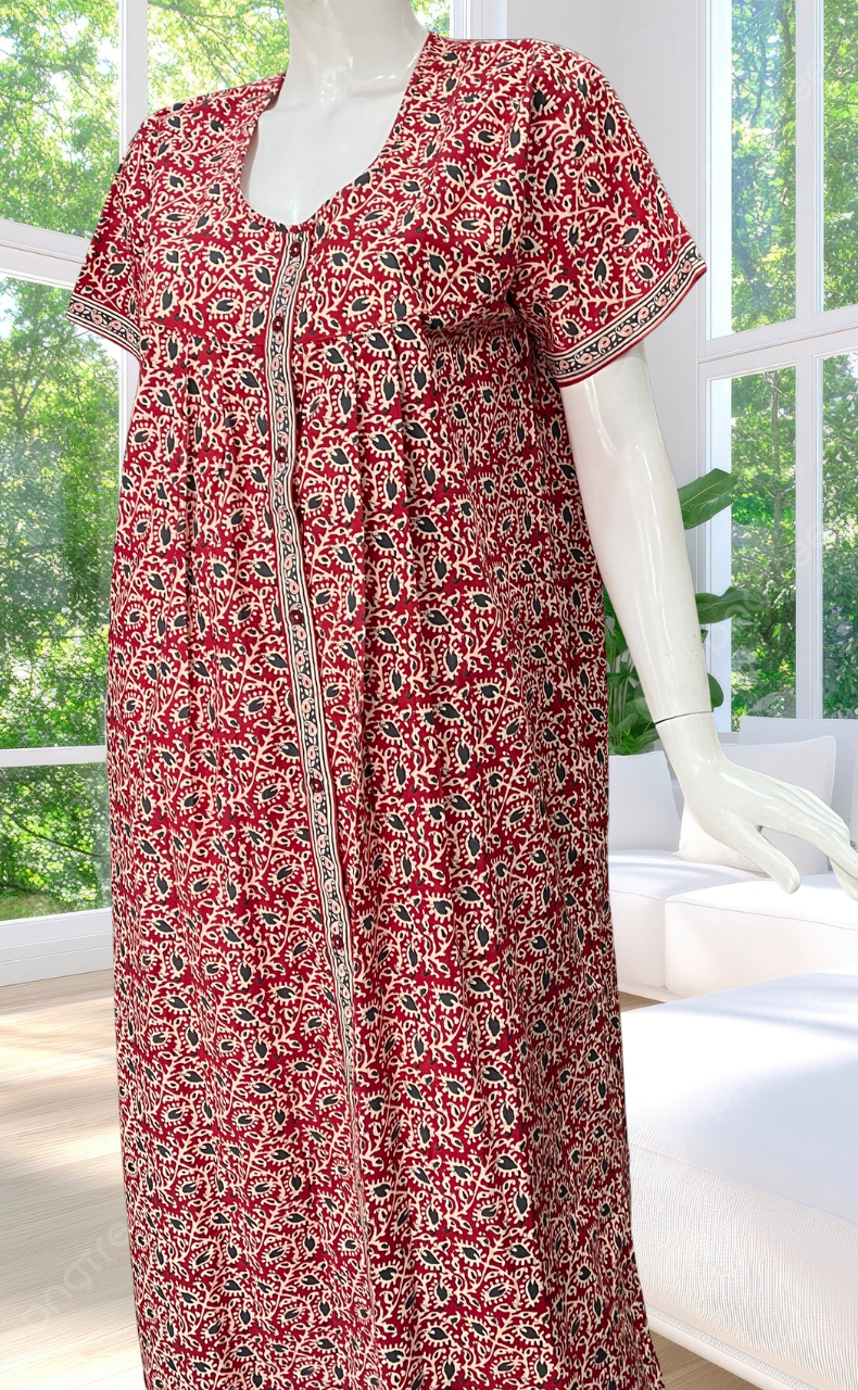 Red Leafy Full Open Pure Cotton Nighty. Pure Cotton | Laces and Frills