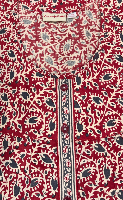 Red Leafy Full Open Pure Cotton Nighty. Pure Cotton | Laces and Frills