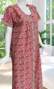 Red Leafy Full Open Pure Cotton Nighty. Pure Cotton | Laces and Frills