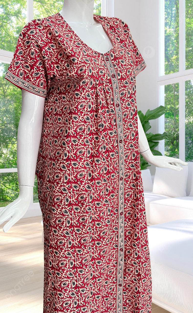 Red Leafy Full Open Pure Cotton Nighty. Pure Cotton | Laces and Frills