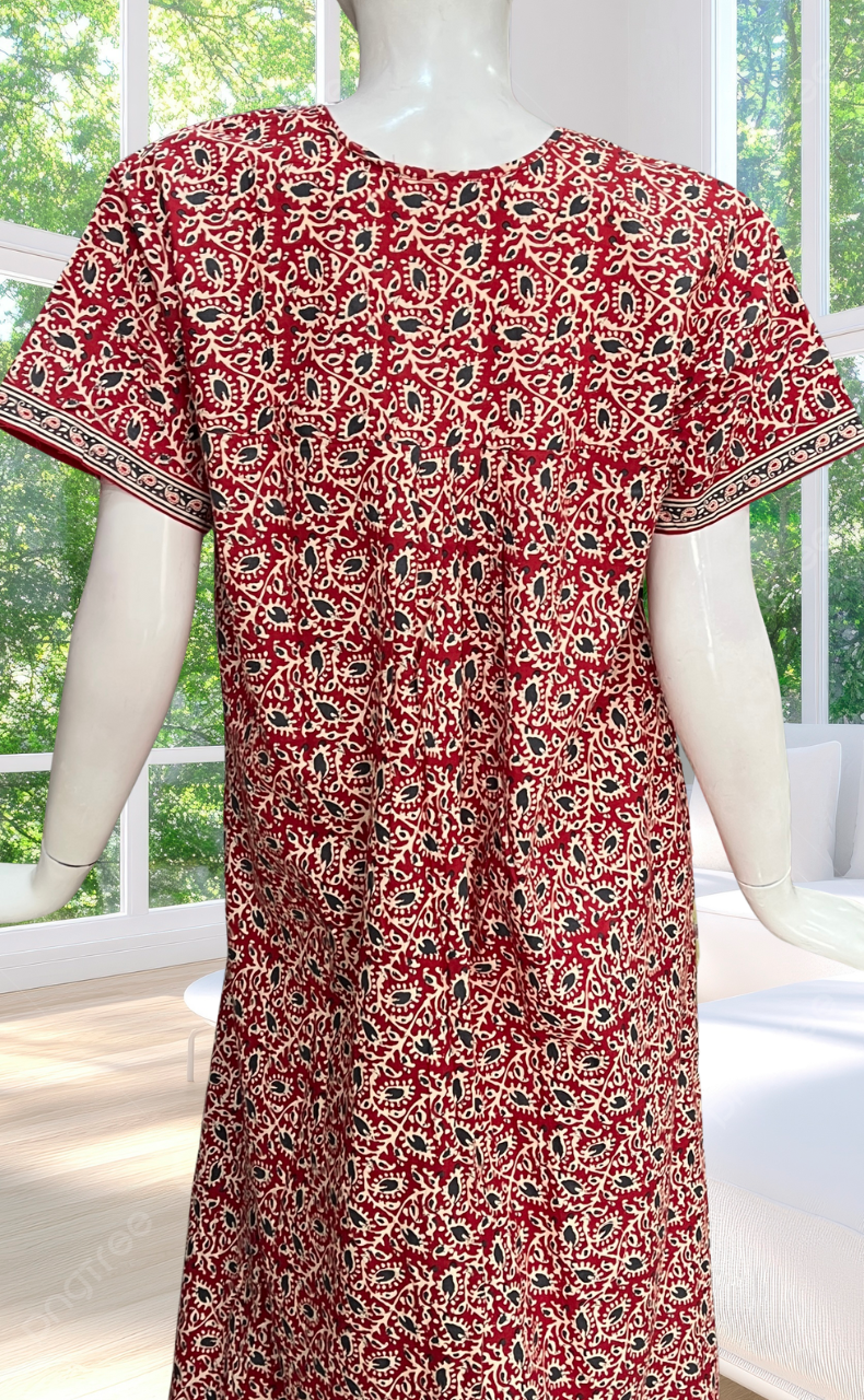 Red Leafy Full Open Pure Cotton Nighty. Pure Cotton | Laces and Frills