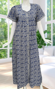 Blue Leafy Full Open Pure Cotton Nighty. Pure Cotton | Laces and Frills