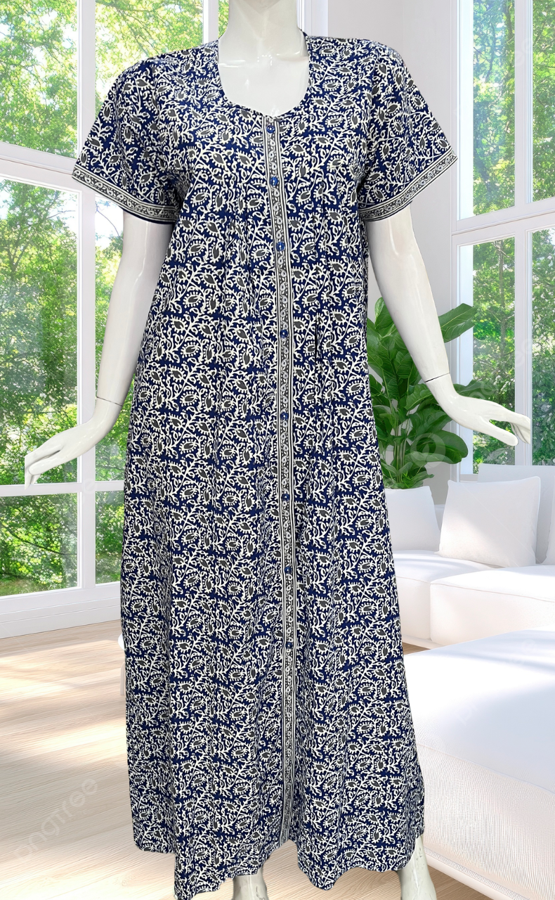 Blue Leafy Full Open Pure Cotton Nighty. Pure Cotton | Laces and Frills