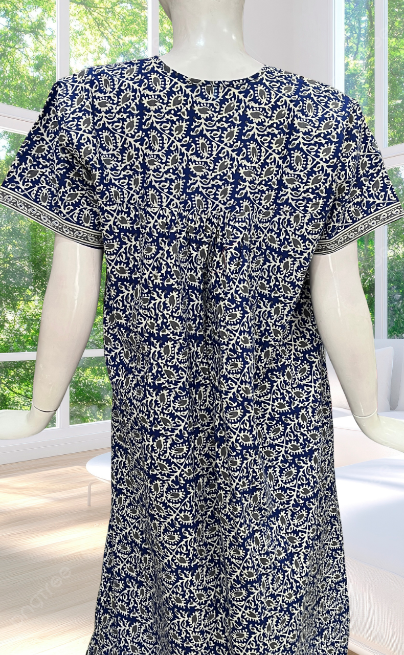 Blue Leafy Full Open Pure Cotton Nighty. Pure Cotton | Laces and Frills