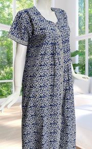 Blue Leafy Full Open Pure Cotton Nighty. Pure Cotton | Laces and Frills