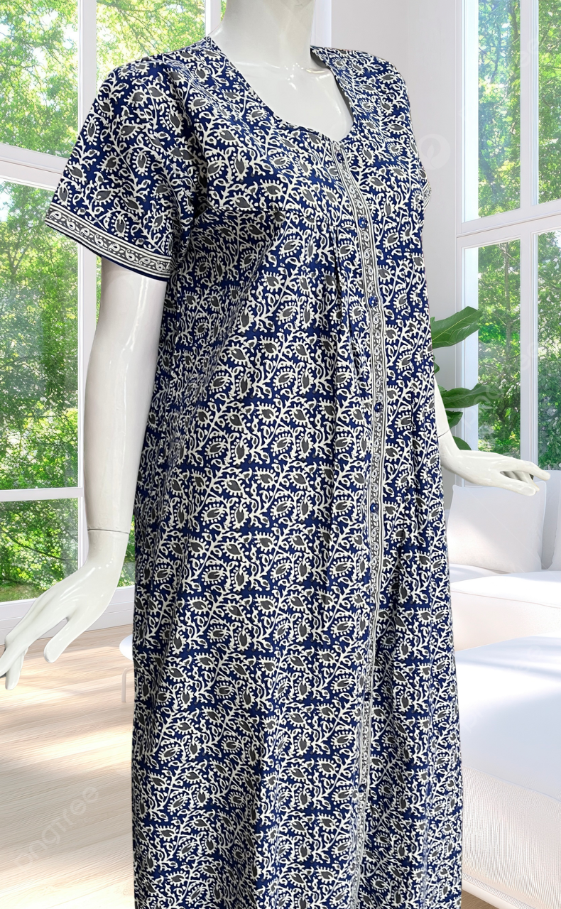 Blue Leafy Full Open Pure Cotton Nighty. Pure Cotton | Laces and Frills