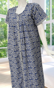 Blue Leafy Full Open Pure Cotton Nighty. Pure Cotton | Laces and Frills