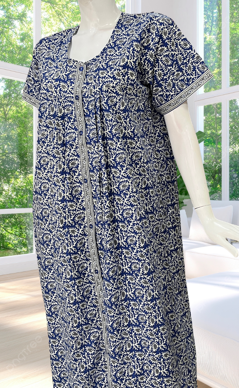 Blue Leafy Full Open Pure Cotton Nighty. Pure Cotton | Laces and Frills