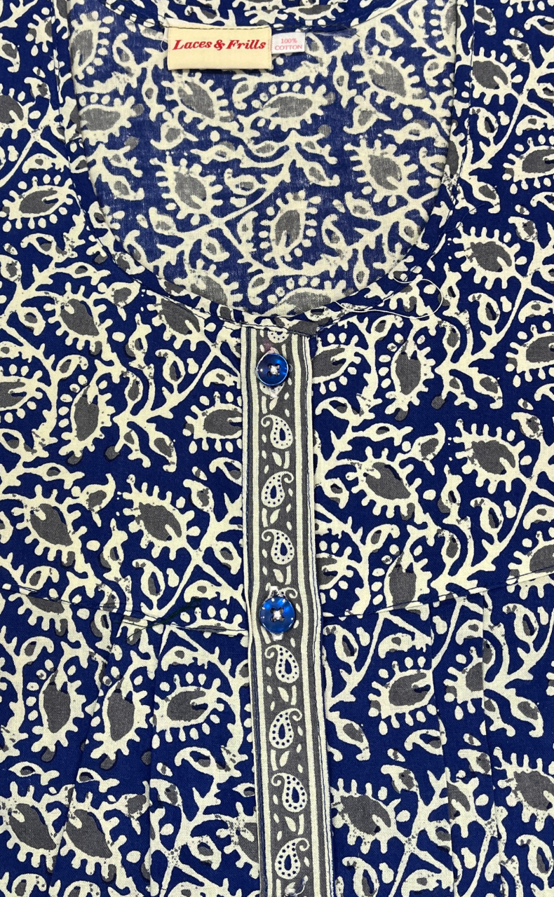 Blue Leafy Full Open Pure Cotton Nighty. Pure Cotton | Laces and Frills