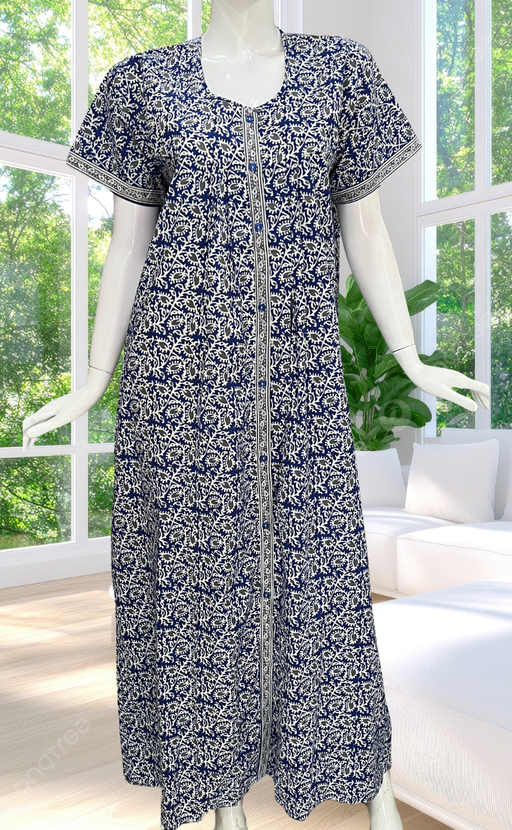 Blue Leafy Full Open Pure Cotton Nighty. Pure Cotton | Laces and Frills