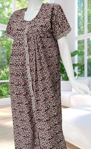 Maroon Leafy Full Open Pure Cotton Nighty. Pure Cotton | Laces and Frills