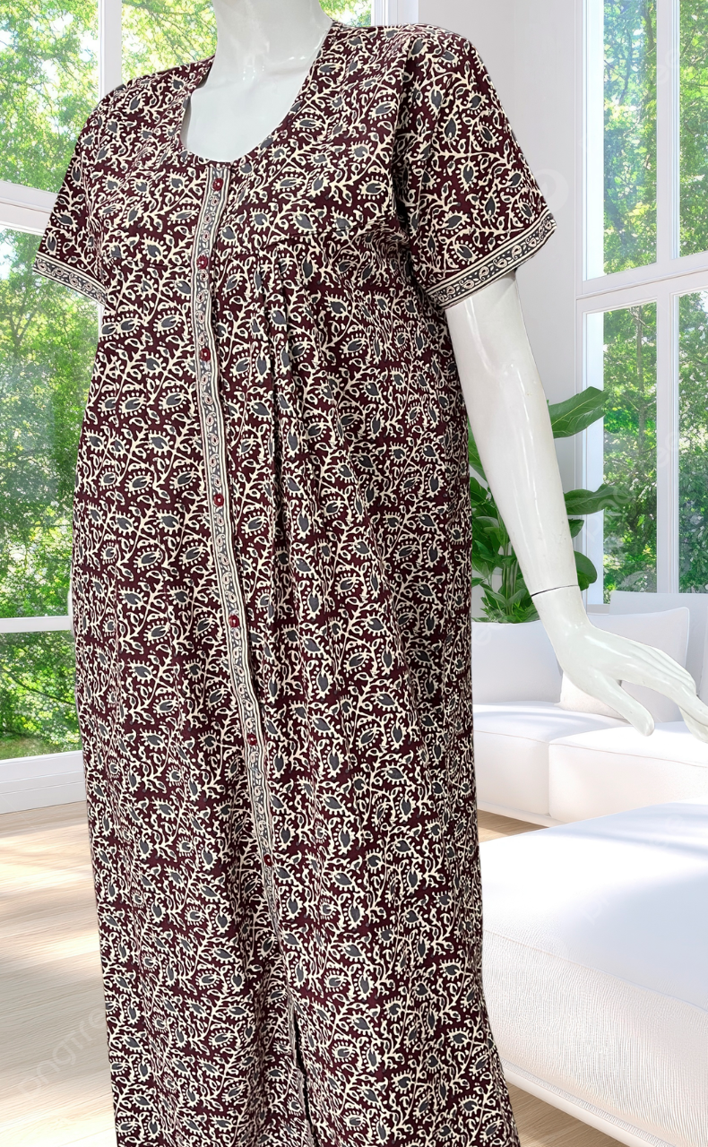 Maroon Leafy Full Open Pure Cotton Nighty. Pure Cotton | Laces and Frills