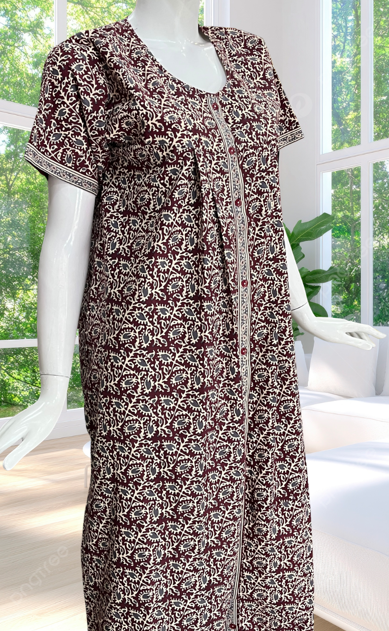 Maroon Leafy Full Open Pure Cotton Nighty. Pure Cotton | Laces and Frills