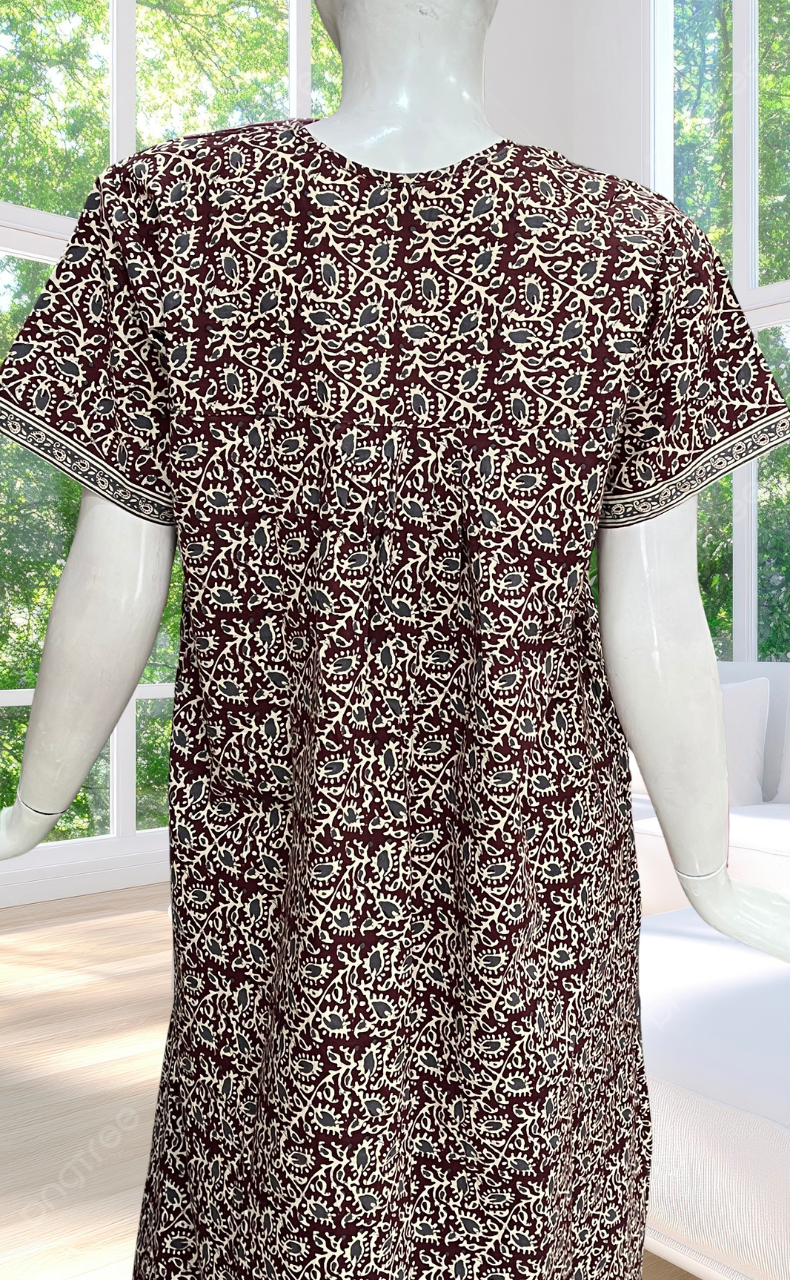Maroon Leafy Full Open Pure Cotton Nighty. Pure Cotton | Laces and Frills