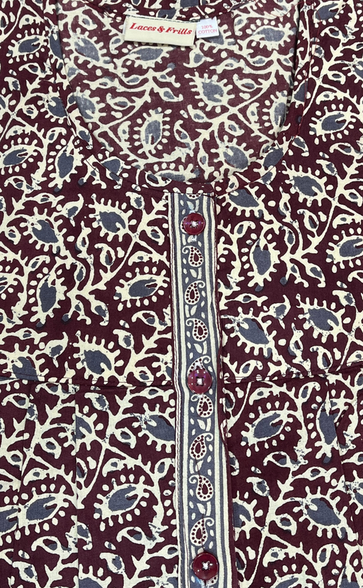 Maroon Leafy Full Open Pure Cotton Nighty. Pure Cotton | Laces and Frills
