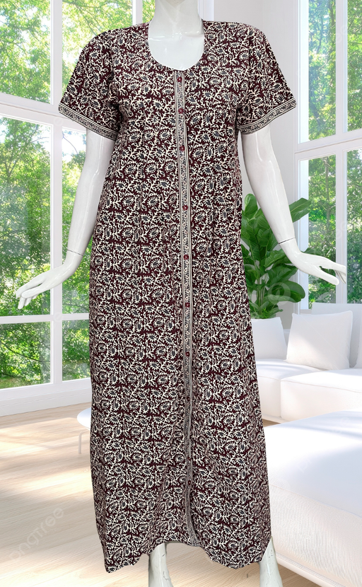 Maroon Leafy Full Open Pure Cotton Nighty. Pure Cotton | Laces and Frills