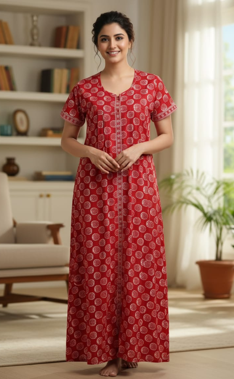 Red Abstract Full Open Pure Cotton Nighty. Pure Cotton | Laces and Frills