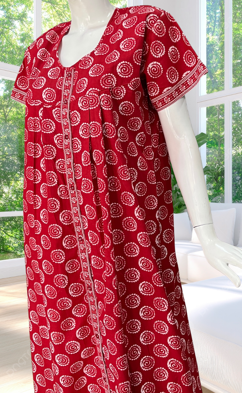 Red Abstract Full Open Pure Cotton Nighty. Pure Cotton | Laces and Frills