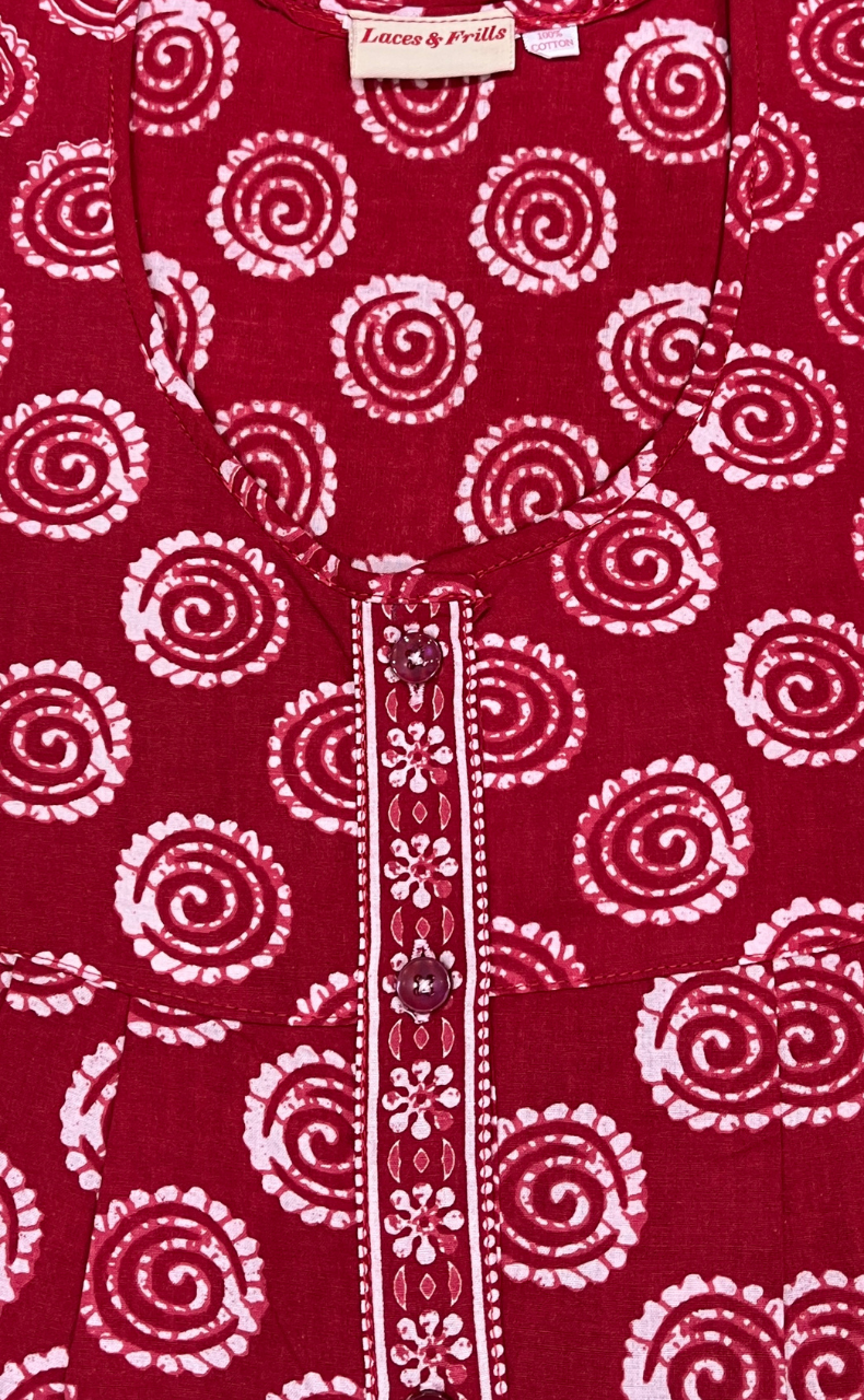 Red Abstract Full Open Pure Cotton Nighty. Pure Cotton | Laces and Frills