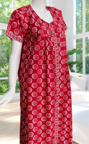 Red Abstract Full Open Pure Cotton Nighty. Pure Cotton | Laces and Frills