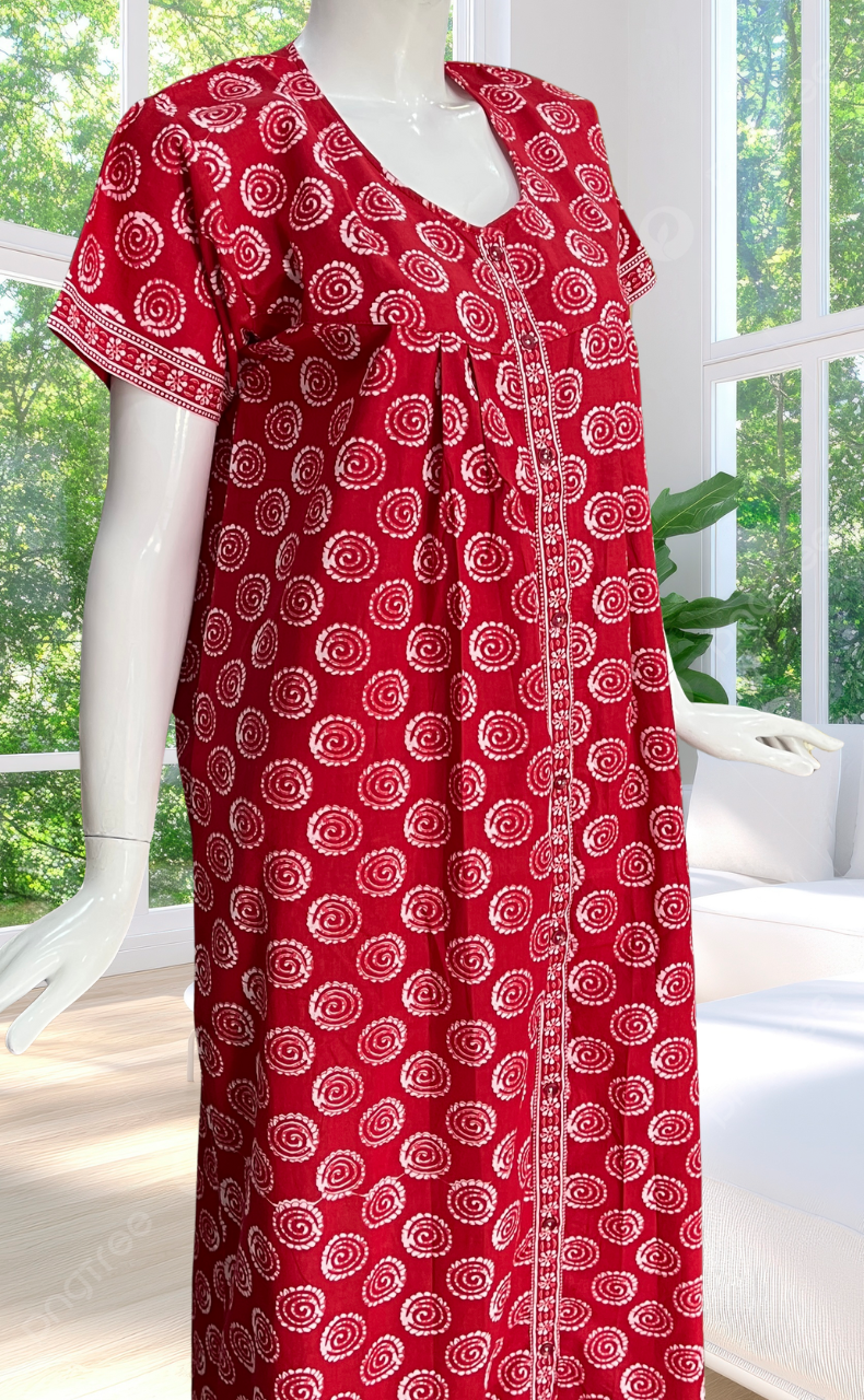 Red Abstract Full Open Pure Cotton Nighty. Pure Cotton | Laces and Frills