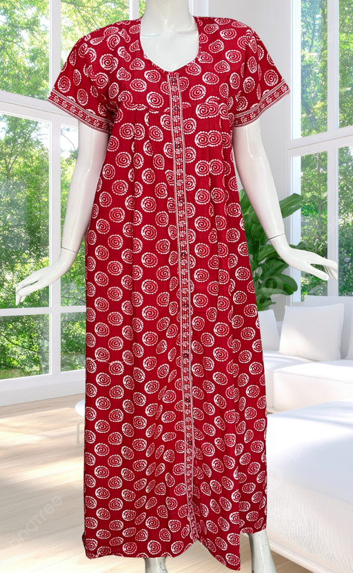 Red Abstract Full Open Pure Cotton Nighty. Pure Cotton | Laces and Frills