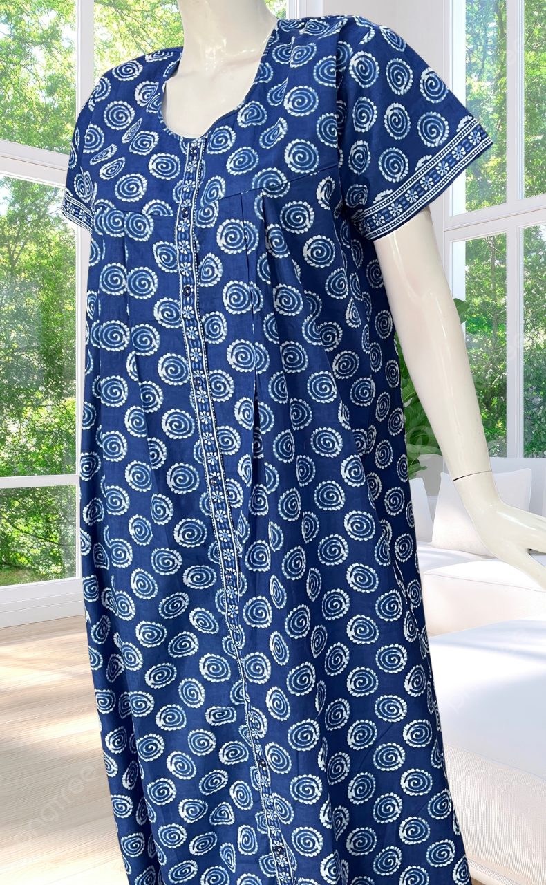 Blue Abstract Full Open Pure Cotton Nighty. Pure Cotton | Laces and Frills