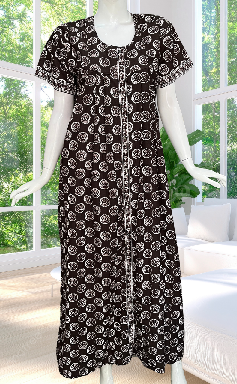 Brown Abstract Full Open Pure Cotton Nighty. Pure Cotton | Laces and Frills